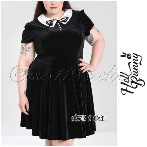Hell Bunny Black Graveyard Collar Gothic Velvet Mini Dress XL // UK16 - Picture 1 of 16
